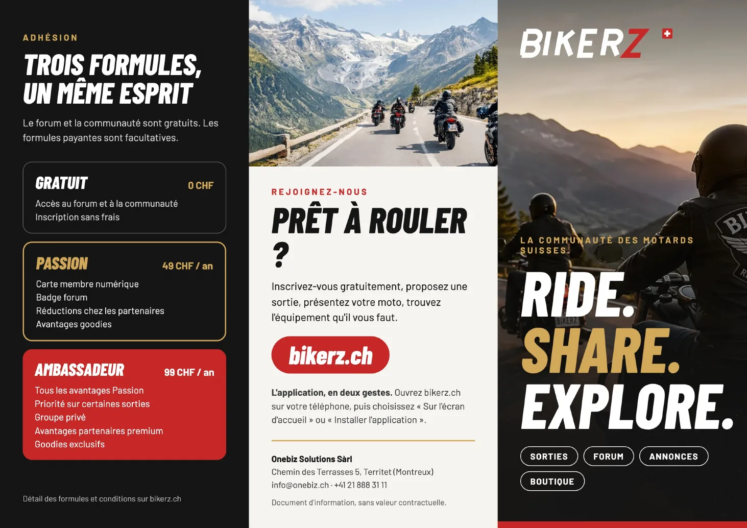 Brochure Bikerz, face extérieure : formules et couverture