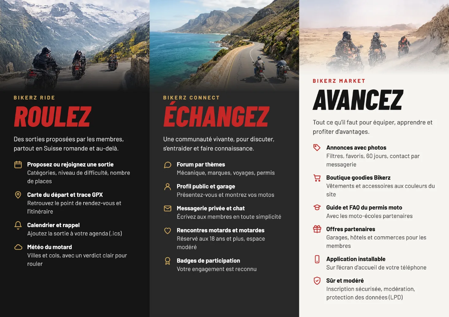 Brochure Bikerz, face intérieure : Roulez, Échangez, Avancez
