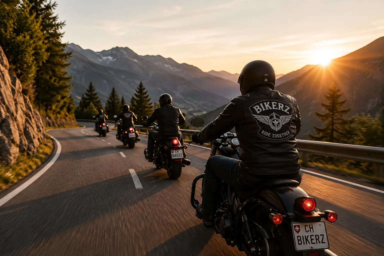 Motards sur une route alpine suisse au coucher du soleil