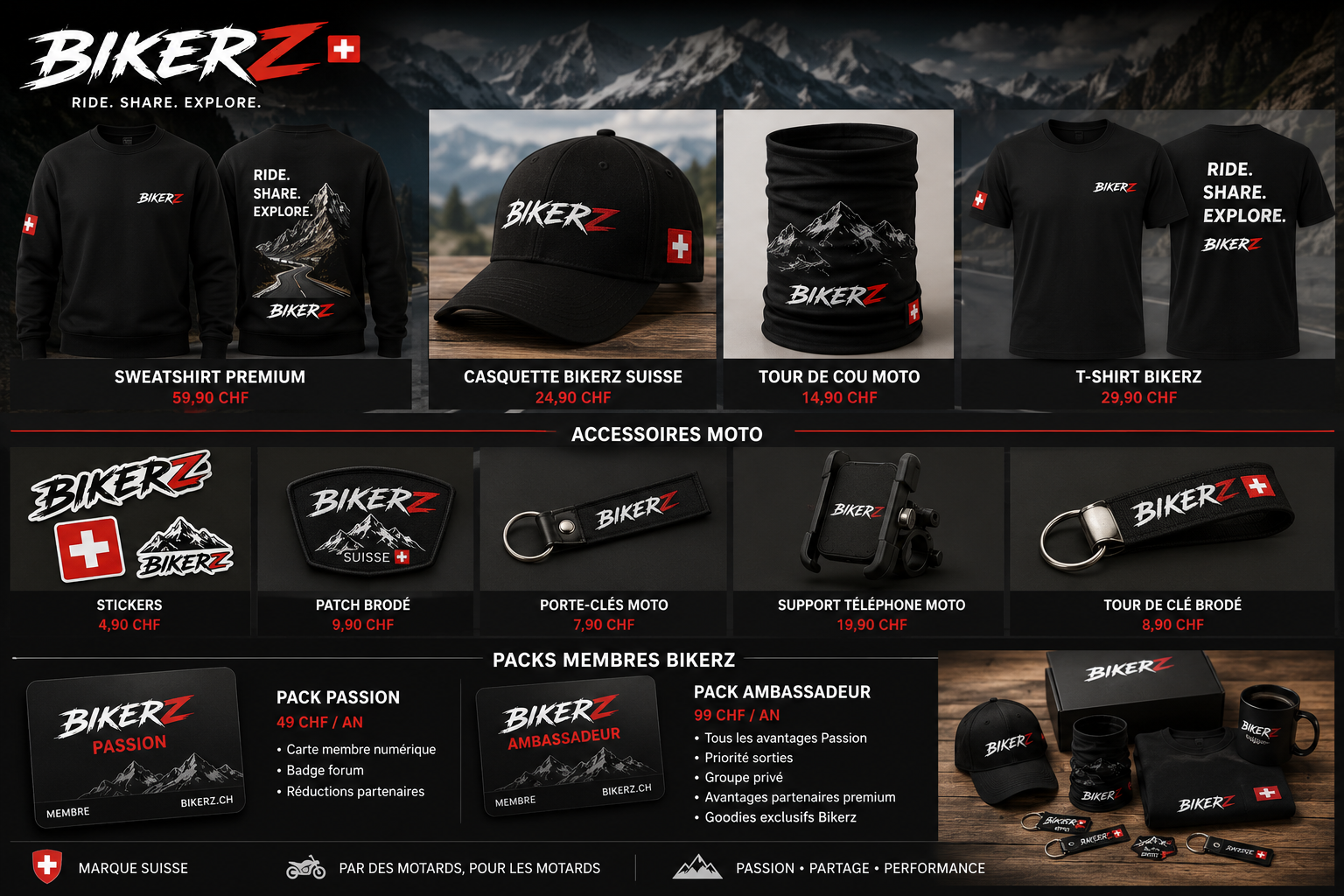 Goodies Bikerz : sweatshirt, casquette, tour de cou et accessoires moto