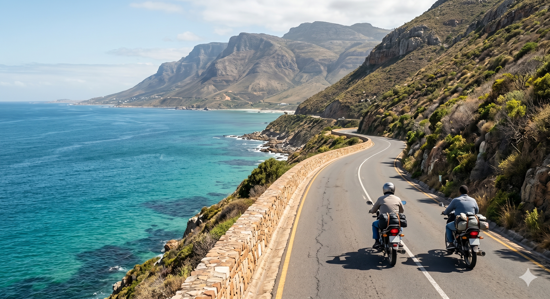Motards roulant sur une route en bord de mer